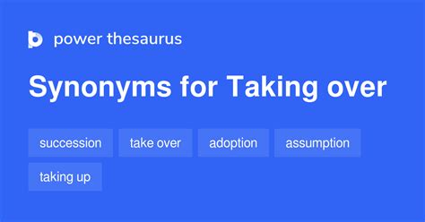 Synonyms for TAKE OVER take over This thesaurus page includes all potential synonyms, words with the same meaning and similar terms for the word TAKE OVER. . Synonym for taking over